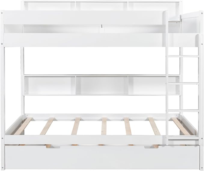 Harper & Bright Designs Rustic Wood Bunk Bed with Pull-Out Trundle, Twin Over Twin Wooden Bunk Bed with Large Cabinet Beside Upper and Down Bed, White