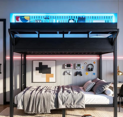 Bellemave Bunk Bed Full Over Full，Metal Bunk beds with Storage Shelves USB Ports and LED Lights, Black