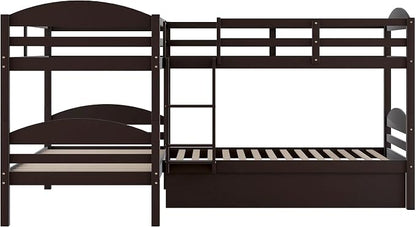 Flieks Four L Shaped Bunk Beds Twin-Over-Twin-Over-Twin-Over-Twin with Trundle, Divides into 2 Beds for 5, Family & Teens, No Box Spring Required