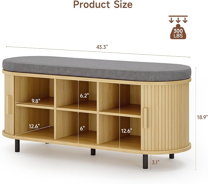 ONBRILL 43" Shoe Bench with Storage, Fluted Shoe Storage Bench with Cushion, Sliding Door and Adjustable Shelf, for Entryway, Hallway, Living Room, Oak