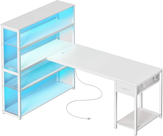 PRAISUN 57 Inch L Shaped Gaming Computer Desk with Larger Open Cabinet, Reverisble Office Desk with Power Outlets, LED Lights, Work Desk, Fabric Drawer, Adjustable Wood and Mesh Shelf, White