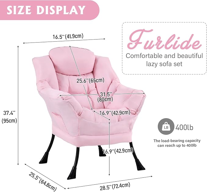 Furlide Lazy Chair for Living Room, Modern Accent Chairs with Armrests, Pink Armchairs with Side Pocket, Cozy Lazy Sofa for Reading, Balcony, Bedroom, Dorm, Small Spaces