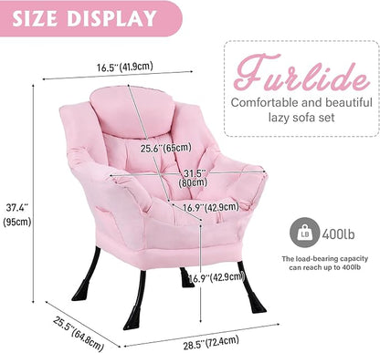 Furlide Lazy Chair for Living Room, Modern Accent Chairs with Armrests, Pink Armchairs with Side Pocket, Cozy Lazy Sofa for Reading, Balcony, Bedroom, Dorm, Small Spaces