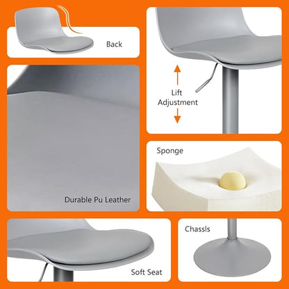 Kidol & Shellder Bar Stools Set of 6 Adjustable Counter Height Barstools Modern PU Leather Swivel Tall Bar Chairs Upholstered Bar Stool with Back for Kitchen Island（Gray）