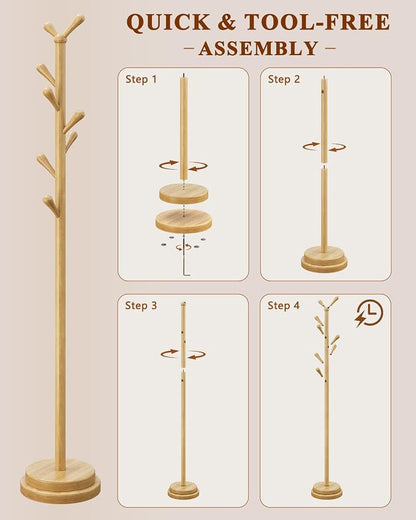 Freestanding Coat Rack, Solid Wood Coat Tree with 8 Smooth Rounded Hooks, Adjustable Height Heavy Duty Coat Rack with Dual-Layer Base, Holds Coats Hats Bags for Entryway, Bedroom, Living Room