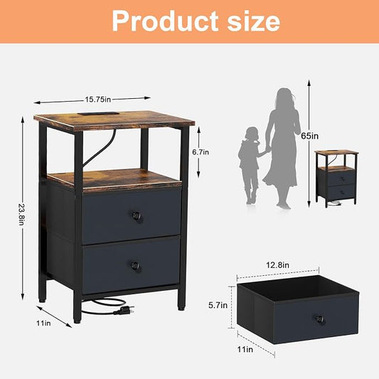 Nightstand with Charging Station, Bedside End Table with 2 Fabric Drawers for Bedroom, Side Table with USB Ports and Outlets (Brown Black)