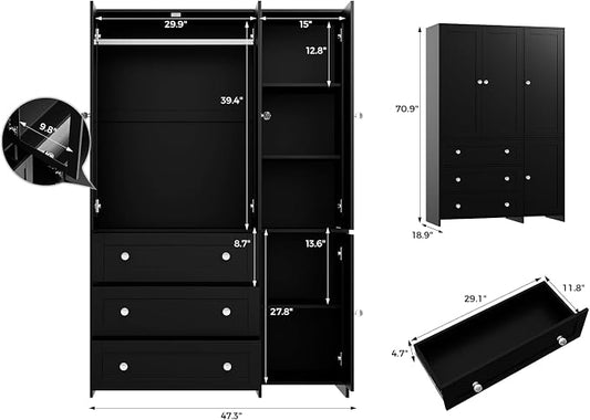 VOWNER Armoire Wardrobe Closet with Drawers and Mirror, 71" Clothing Storage Cabinet with Hanging Rod, 4 Doors Wooden Wardrobe Cabinet for Bedroom, Large Capacity Storage
