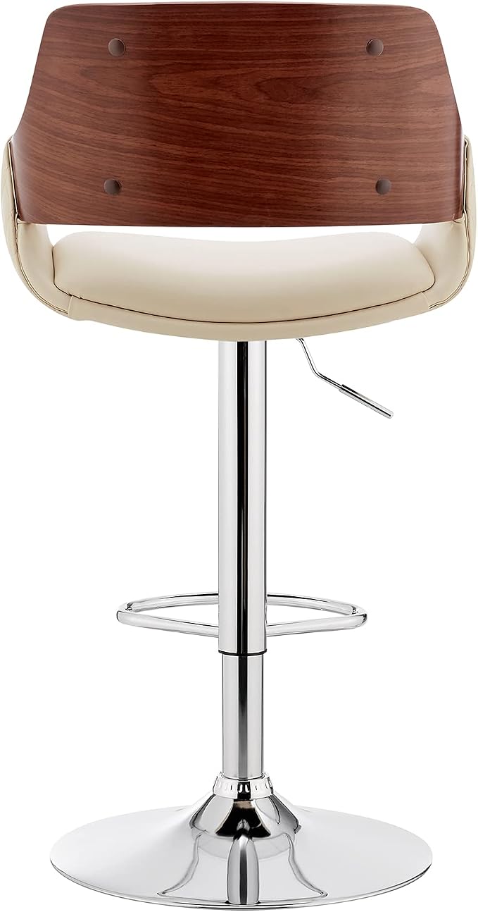 Armen Living Colby Modern Adjustable Height Swivel Cream Faux Leather and Walnut Wood Bar Stool with Chrome Base for Kitchen Island Counter