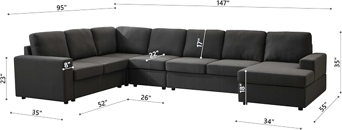 Ball & Cast 147" L-Shaped Sectional Couches for Living Room with Reversible Chaise&Removable Back Cushions,7 Seat Linen Upholstered Convertible Sectional Sofa,DIY Combination,for Home,Office,Dark Gray