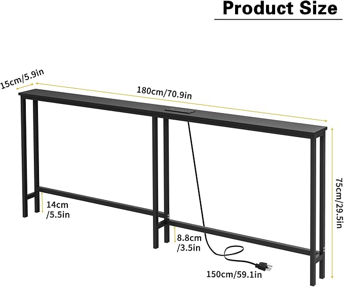 VASMIA 70.9 Inch Narrow Console Table with Outlet,Bamboo Sofa Table,Behind Couch Table,Skinny Hallway Table for Entryway Living Room,Foyer,Black