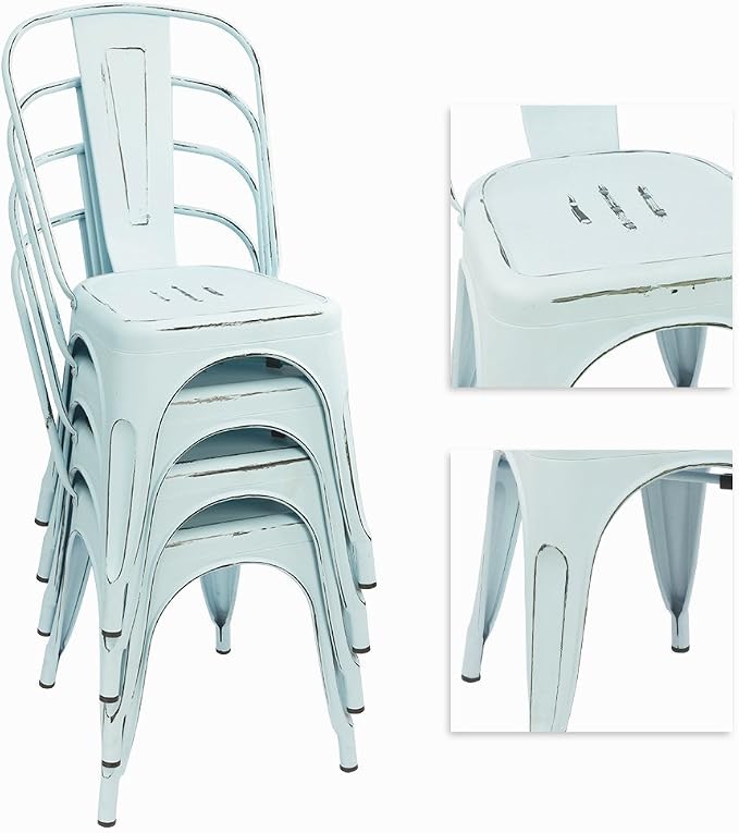 Devoko Metal Indoor-Outdoor Chairs Distressed Style Kitchen Dining Chairs Stackable Side Chair with Back Set of 4 (Blue)