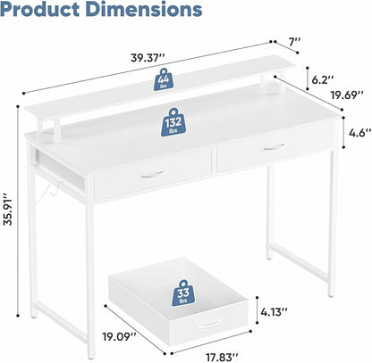 DUMOS 40 Inch Computer Desk with Monitor Stand and 2 Drawers, Small Writing Desk for Home Office with Headphone Hook, Compact Study Table for Bedroom, White