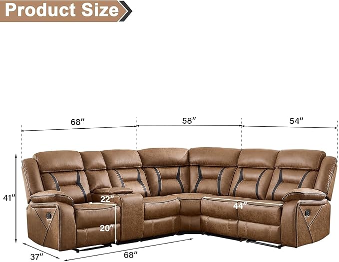 EBELLO Faux Leather Reclining Sectional Sofa Set for Living Room, 1 Recliner Chair and L-Shaped Reclining Couches Home Furniture Set with Center Console, Hidden Cup Holders and Storage, Brown