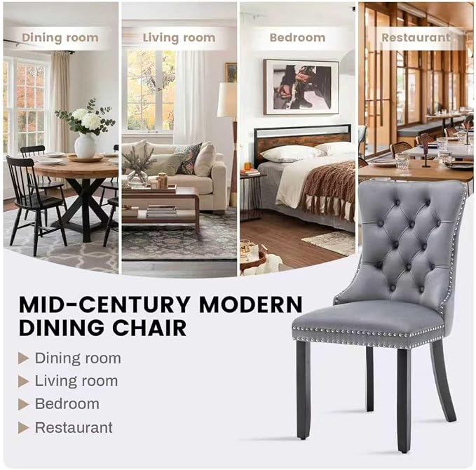 Mid Century Modern Dining Chair Set of 4 Velvet Upholstered Dining Accent Chair Farmhouse Dining Chairs with High Back and Nailhead Trim for Kitchen, Living Room, Bedroom (Gray)
