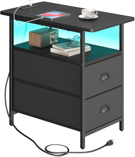 sthmec End Table with Charging Station, Narrow Side Table with 2 Drawers, LED Nightstands with Drawers, USB Ports & Power Oulets,Slim Sofa Side Tables for Small Spaces,Living Room,Bedroom, Black