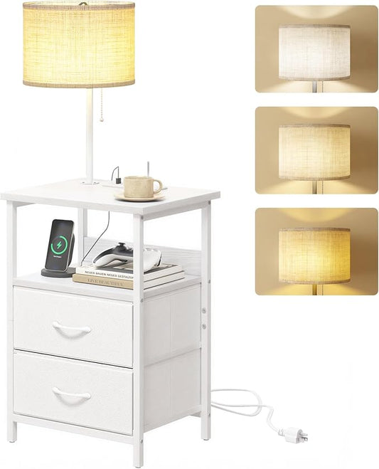 Fixwal Night Stand with 3 Color Temperature Bulb Attached, Nightstand with Light & Charging Station End Table with Fabric Drawer for Bedroom, Dorm, White