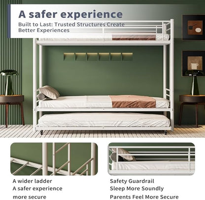 Metal Triple Bunk Bed, Twin Over Twins with Trundle, Heavy Duty Beds Frame with Ladder and Safety Rails for Small Bedroom, Space-Saving Noise Free (White)