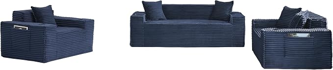 3 Pcs Living Room Cloud Sofa Set, Boneless Sofa Couch with Cup Holder and Side Pocket for Compact Living Rooms, Apartments (Blue, Single Chair and Loveseatand 3 Seat Sofa)