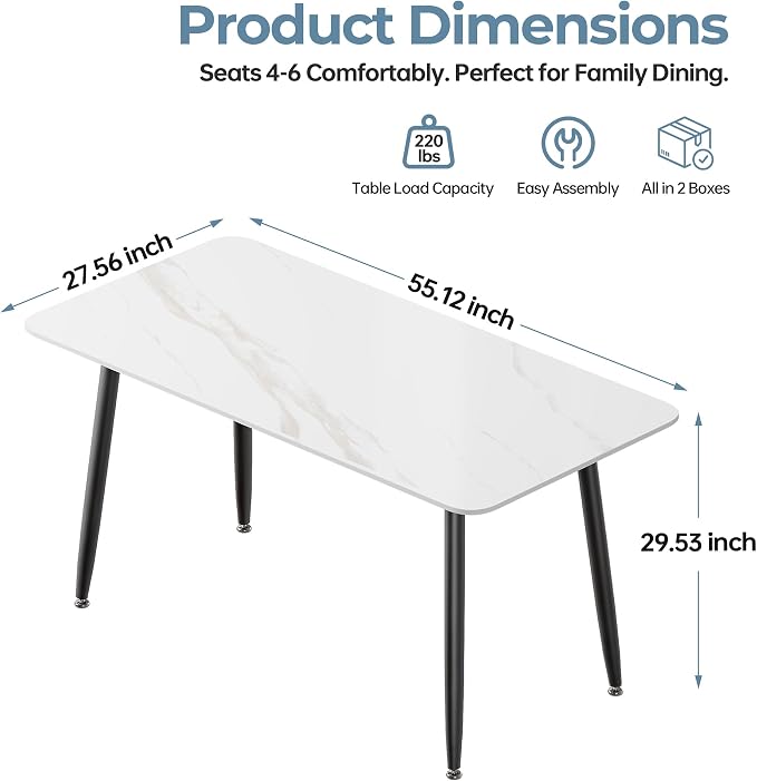 55" White Glossy Rectangular Sintered Stone Dining Table With Metal Legs | Versatile kitchen furniture for indoor and outdoor placement, matched with adjustable silent foot pads.