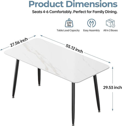 55" White Glossy Rectangular Sintered Stone Dining Table With Metal Legs | Versatile kitchen furniture for indoor and outdoor placement, matched with adjustable silent foot pads.