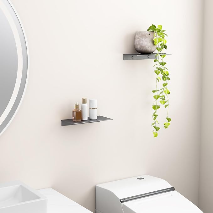 Danpoo 8 inch Gray Small Floating Shelves for Wall Organizer & Storage, Mini Display Shelves, Metal Wall Shelves for Bathroom, Living Room, Kitchen, Bedroom(2-Pack)