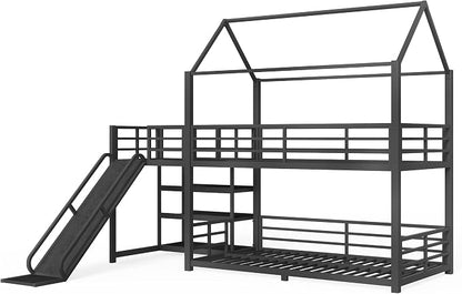 Harper & Bright Designs Metal House Bunk Bed with Slide and Roof, Twin Over Twin Floor Bunk Bed with Staircase and Full Length Guardrails, No Box Spring Required, Noise Free, Space Saving, Black