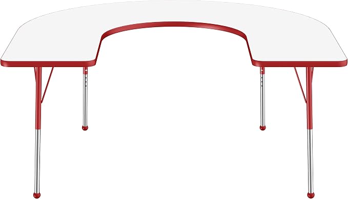 FDP Dry-Erase Horseshoe Activity School and Office Table (60 x 66 inch), Standard Legs with Ball Glides for Collaborative Spaces, Adjustable Height 19-30 inches - Whiteboard Top, Red Edge and Legs
