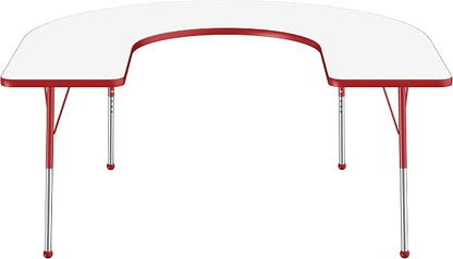 FDP Dry-Erase Horseshoe Activity School and Office Table (60 x 66 inch), Standard Legs with Ball Glides for Collaborative Spaces, Adjustable Height 19-30 inches - Whiteboard Top, Red Edge and Legs