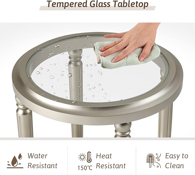 COSIEST Round Side Table, End Table Glass with Wood Frame, Champagne Gold Bedside Table with Modern Style for Living Room, Balcony, Bedroom