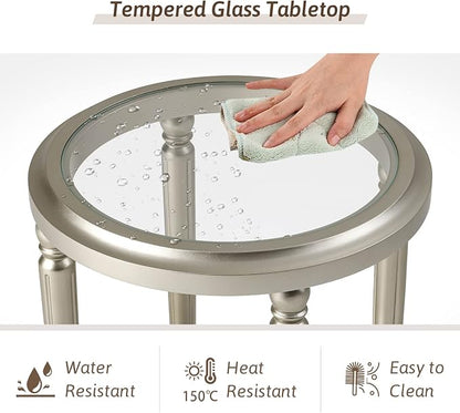 COSIEST Round Side Table, End Table Glass with Wood Frame, Champagne Gold Bedside Table with Modern Style for Living Room, Balcony, Bedroom