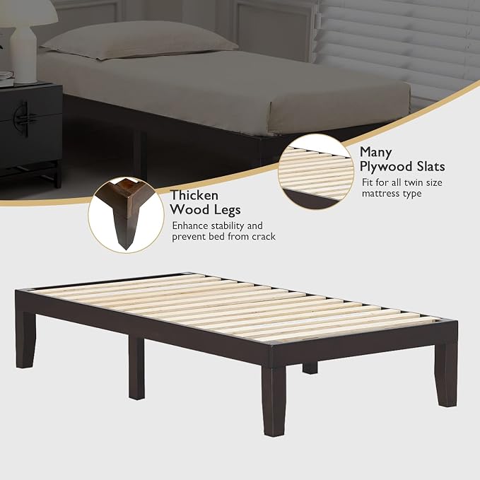 COSTWAY Twin Size Platform Bed Frame, 14 Inches Solid Rubber Wood Bed Mattress Foundation with Sturdy Slats Support, Easy Assembly Bed Frame for Home Hotel, No Box Spring Needed (Espresso, Twin)