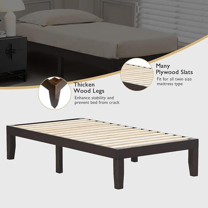 COSTWAY Twin Size Platform Bed Frame, 14 Inches Solid Rubber Wood Bed Mattress Foundation with Sturdy Slats Support, Easy Assembly Bed Frame for Home Hotel, No Box Spring Needed (Espresso, Twin)