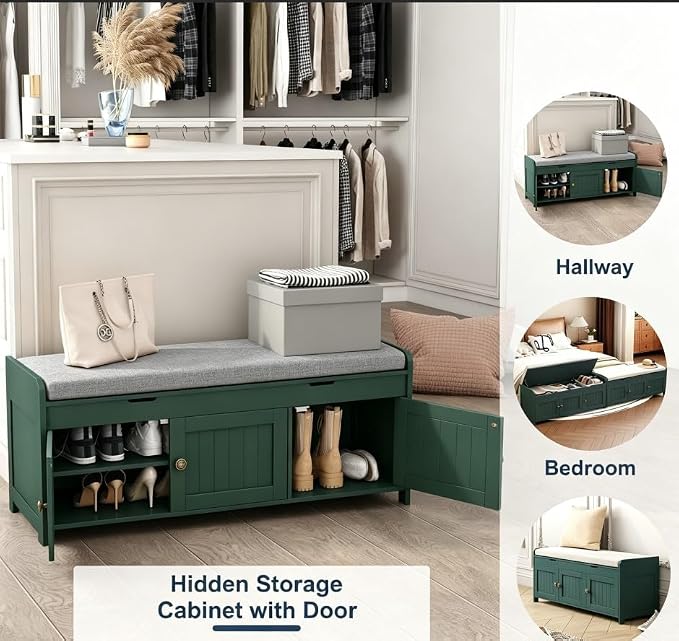 HOMEFORT 41.3" Shoe Bench with Lift Top Storage, Entryway Bench with Cushioned Seat, Wooden End of Bed Bench, Shoe Cabinet Bench with Hidden Storage Space, for Bedroom, Hallway,Green
