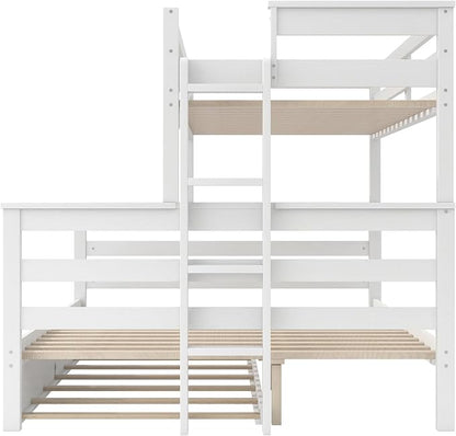 Wood Bunk Bed Twin XL Over Queen Size with Trundle, Detachable Design Bunk Bed Frame with Safety Guardrail, Ladder and Sturdy Slats Support (White+Trundle)