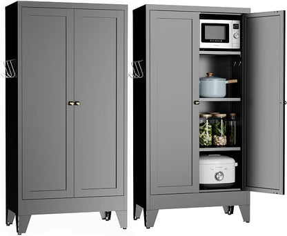 48" H Black Steel Pantry Storage Cabinet with 3 Adjustable Shelves | 4-Tier Tall Metal Cabinets for Kitchen, Living Room, Garage, Heavy Duty Freestanding Utility Cabinet, Assembly Required