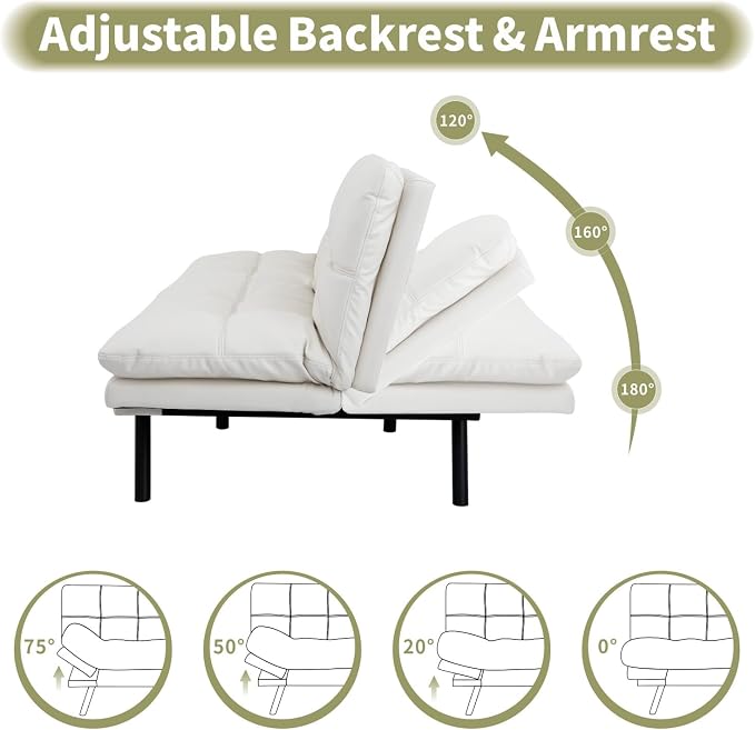 Vipbear 71" Futon Sofa Bed - Convertible Sofa Beds/Adjustable Backrest & Armrest, Comfy Loveseat Sleeper for Small Spaces, Apartments & Offices,Faux Leather White Futons