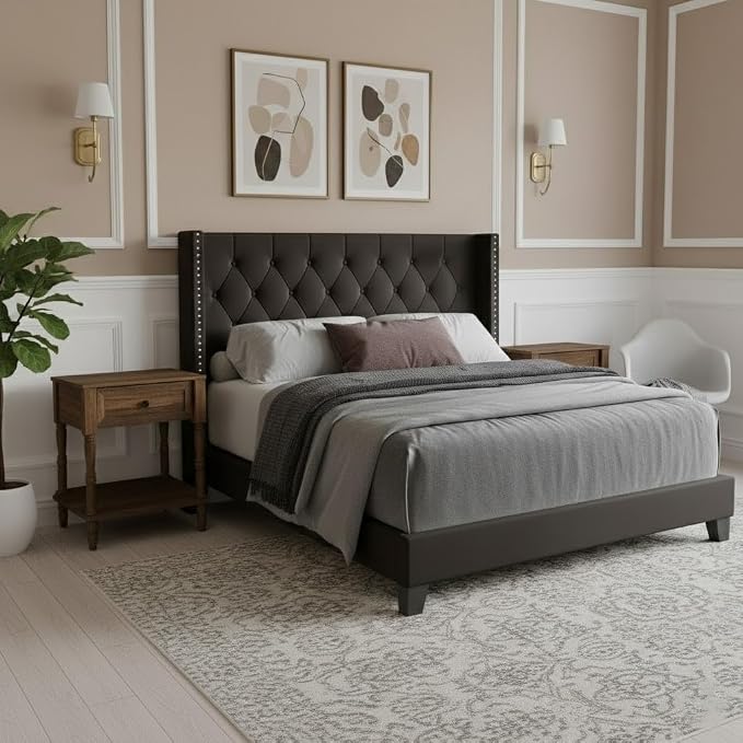 HOME DESIGN Homer King Tufted Wingback Upholstered Panel Bed with 2 Matching 1 Drawer Nightstands, Bedroom Furniture Set with Open Shelf Storage, Brown Brown