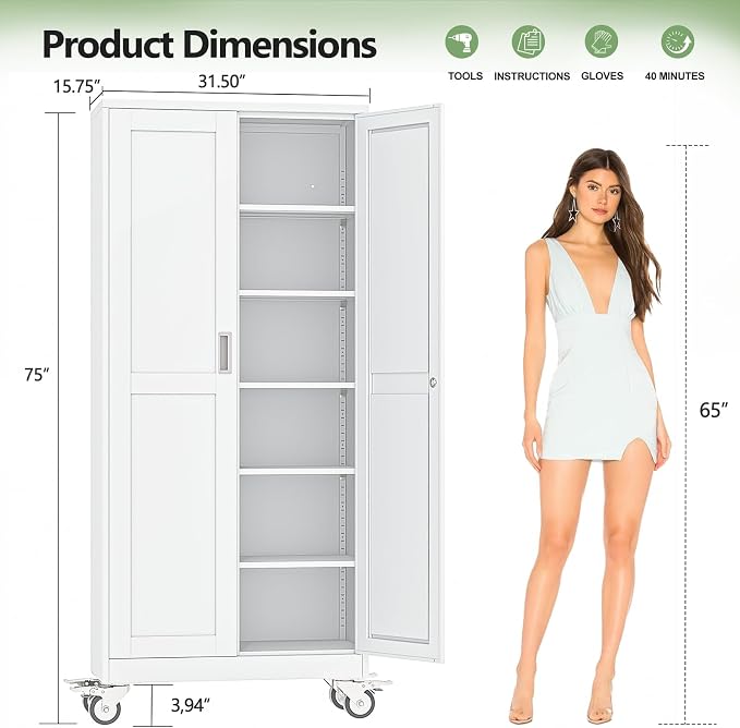 Metal Garage Storage Cabinet, 75”Tall Rolling Utility Cabinet White | storage system with Wheels, Lock, 5 Adjustable Shelves, Heavy Duty Steel Tool Locker for Home Office, Utility Room, Gym