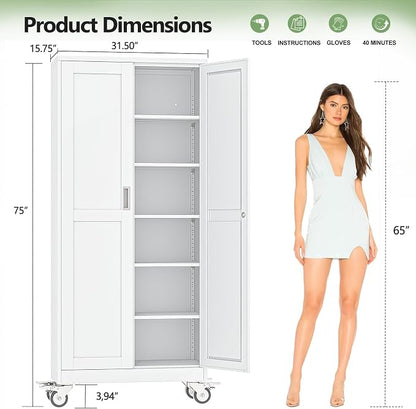 Metal Garage Storage Cabinet, 75”Tall Rolling Utility Cabinet White | storage system with Wheels, Lock, 5 Adjustable Shelves, Heavy Duty Steel Tool Locker for Home Office, Utility Room, Gym