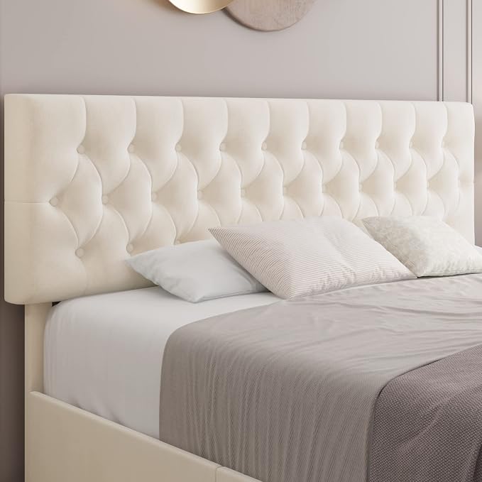 Keyluv Modern Upholstered Bed Frame with 4 Storage Drawers, Button Tufted Headboard Design, Solid Wooden Slat Support, Easy Assembly, Soft Velvet, Beige, Queen Size