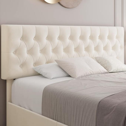 Keyluv Modern Upholstered Bed Frame with 4 Storage Drawers, Button Tufted Headboard Design, Solid Wooden Slat Support, Easy Assembly, Soft Velvet, Beige, Queen Size