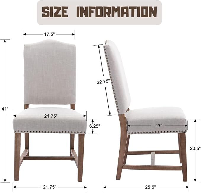 ROCITY Linen Dining Chairs Set of 6 Beige Upholstered Dining Room Chairs Farmhouse Kitchen Side Chairs with Wooden Legs&Nailhead Trim