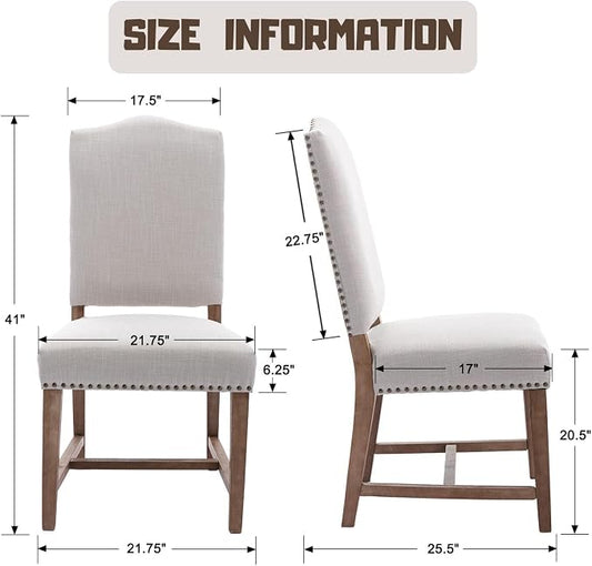 ROCITY Linen Dining Chairs Set of 2 Beige Upholstered Dining Room Chairs Farmhouse Kitchen Side Chairs with Wooden Legs&Nailhead Trim