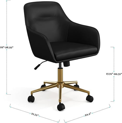 Martha Stewart Rayna Swivel Task Chair with Flared Arms for Home Office in Black Faux Leather with Polished Brass Frame