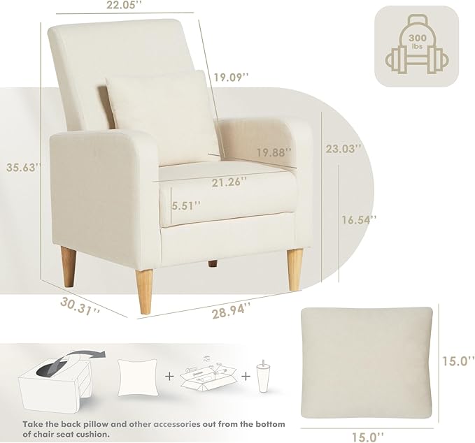COLAMY Mid-Century Modern Upholstered Accent Chair with Back Pillow & Solid Wood Legs, Fabric Cozy Armchair for Living Room, Bedroom, Reading Nook, Apartment & Small Spaces, White