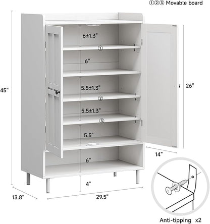 ComfyCorner White 7+1 Tier Farmhouse Shoe Storage Cabinet - 45" Tall Entryway Organizer with Cross Molding Doors, 3 Adjustable Shelves & Metal Legs, Shoe Rack for Front Door Entrance