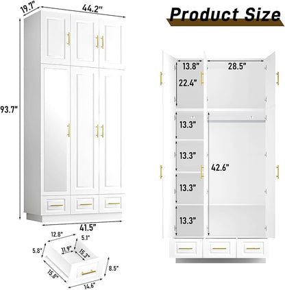 Hlivelood Large Armoire Wardrobe Closet Cabinet with Drawers and LED Lights, Multi-Tier Shelves, Hanging Rod, Large Capacity Storage 3 Door Wardrobe Armoire with Top Cabinet for Bedroom, White