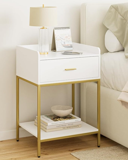 Masupu Nightstand, 3-Tier Modern Bedside Night Stand with Storage Drawer and Shelf, Large End Side Table for Bedroom, Living Room, White