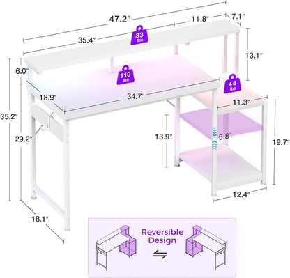 AODK 48 Inch Gaming Desk with LED Lights, Computer Desk with Storage Shelves, Reversible Desk with Monitor Stand, White