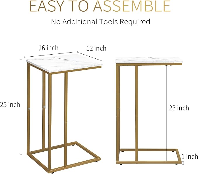 Possile C Shaped End Table Set of 2, Small Side Table for Sofa and Bed, Couch Tables That Slide Under, Snack Side Table for Living Room, Bedroom, White Faux Marble and Gold